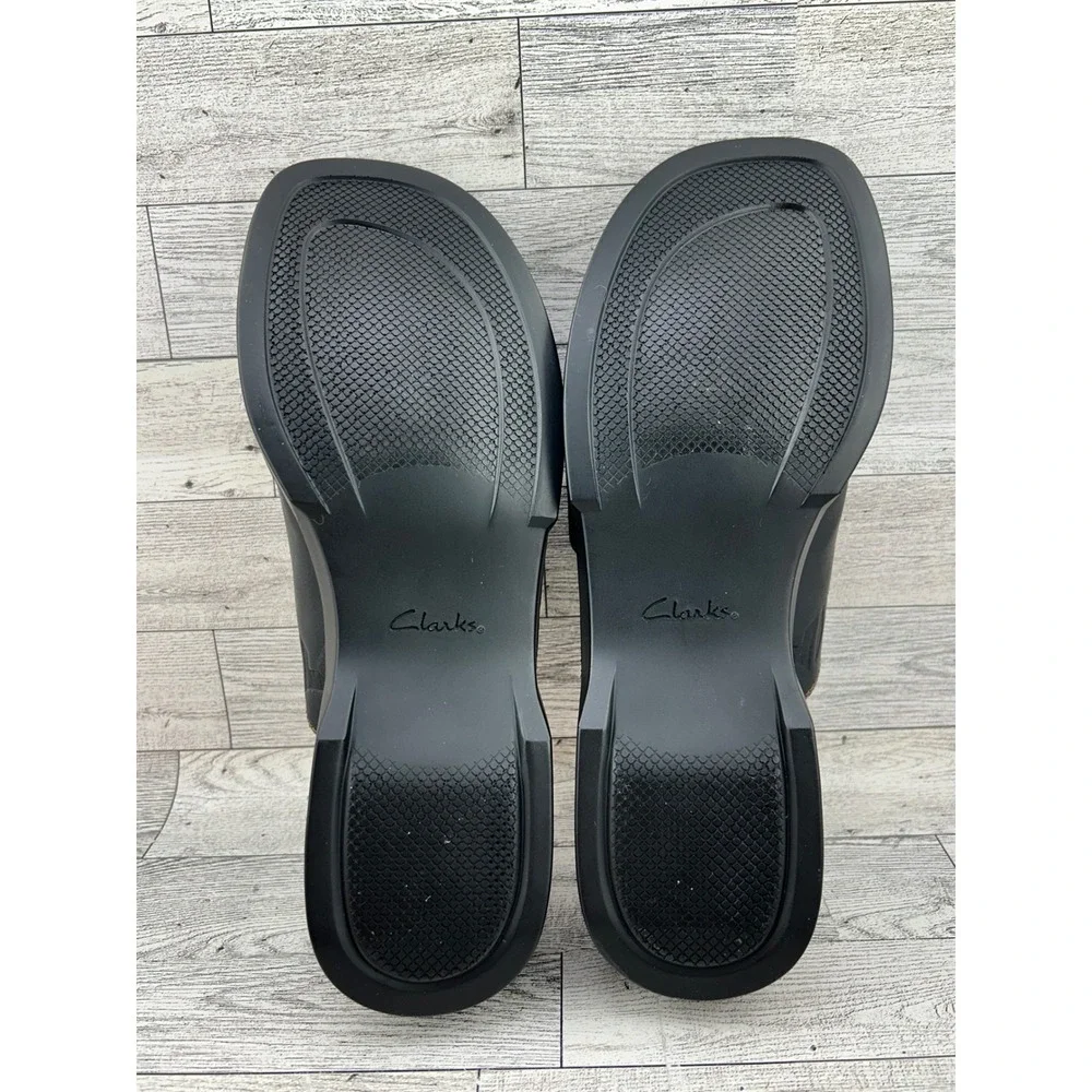 Clarks Black Leather Embossed Floral Wedge‎ Slide Sandals Women 10M